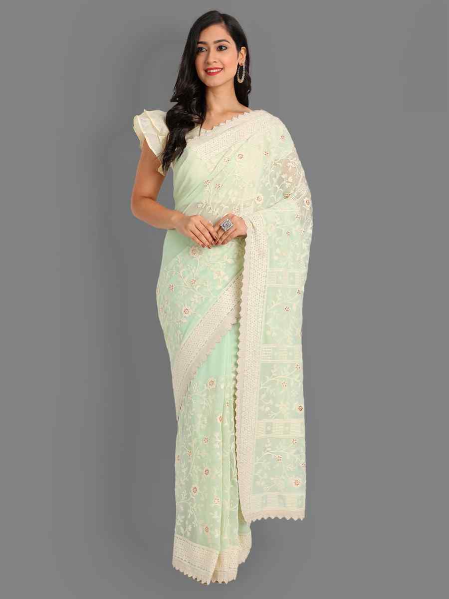 Pista Georgette Embroidered Wedding Festival Classic Style Saree