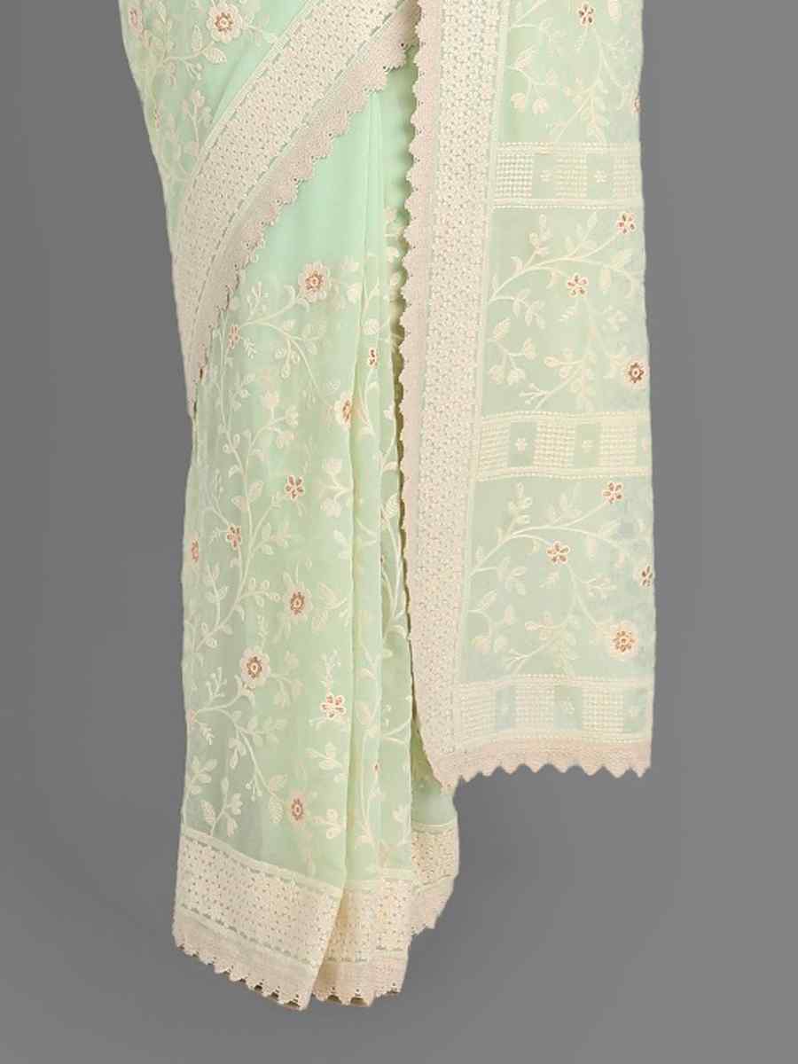 Pista Georgette Embroidered Wedding Festival Classic Style Saree