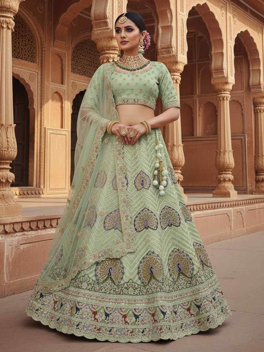 Pista Georgette Embroidered Wedding Reception Festival Heavy Border Lehenga Choli