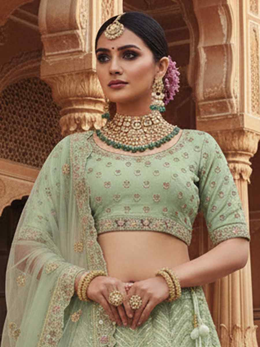 Pista Georgette Embroidered Wedding Reception Festival Heavy Border Lehenga Choli