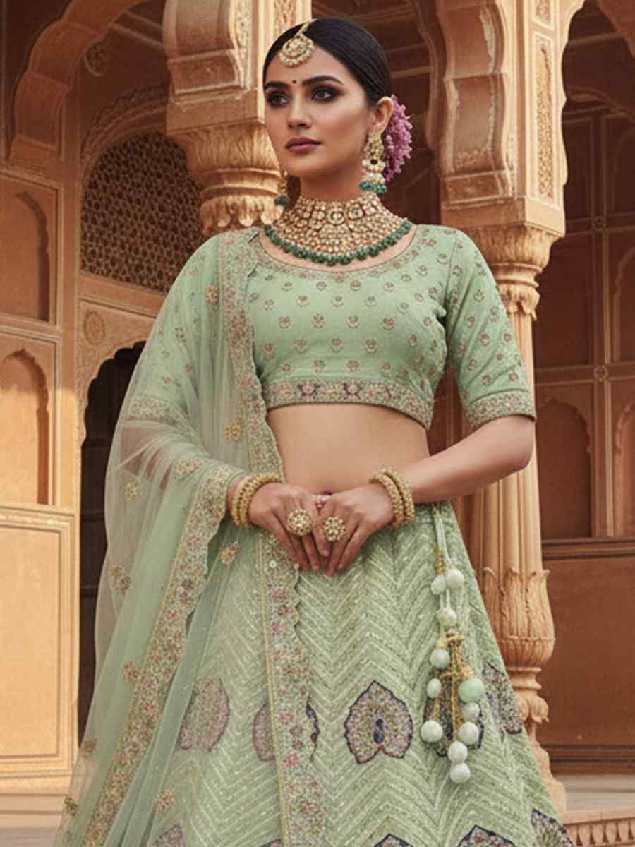 Pista Georgette Embroidered Wedding Reception Festival Heavy Border Lehenga Choli