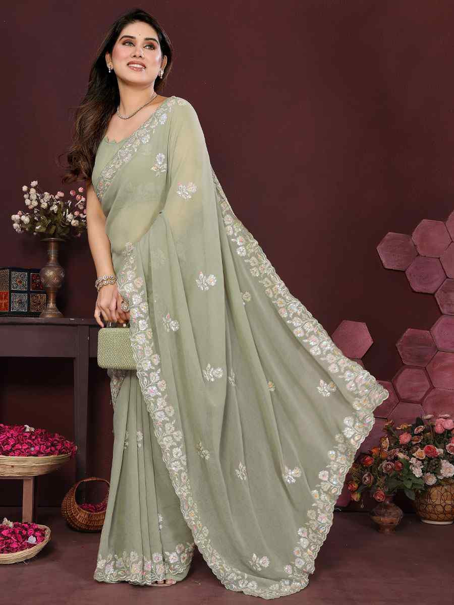 Pista Georgette Embroidery Bridal Festival Wedding Traditional Fancy Heavy Border Sarees