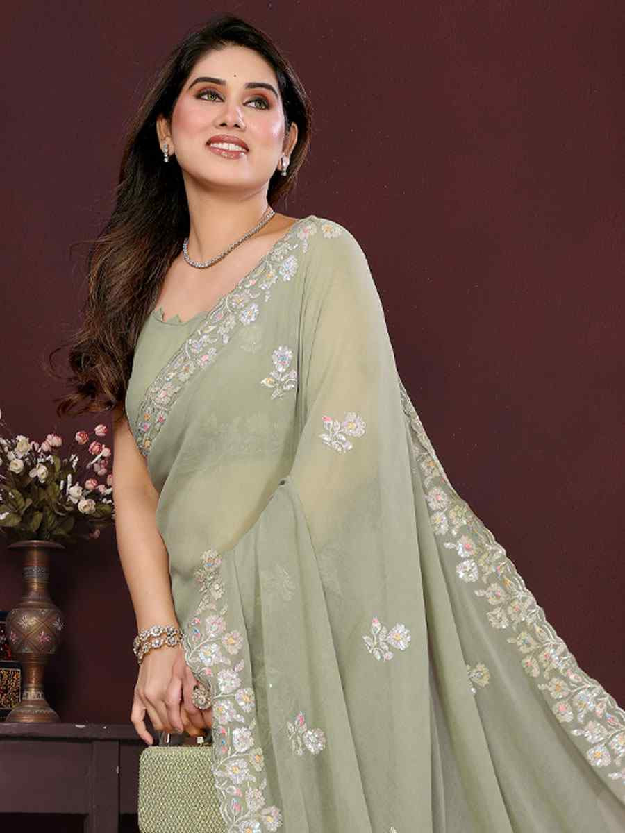 Pista Georgette Embroidery Bridal Festival Wedding Traditional Fancy Heavy Border Sarees