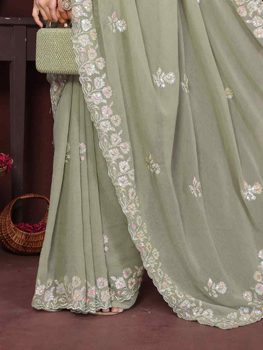 Pista Georgette Embroidery Bridal Festival Wedding Traditional Fancy Heavy Border Sarees