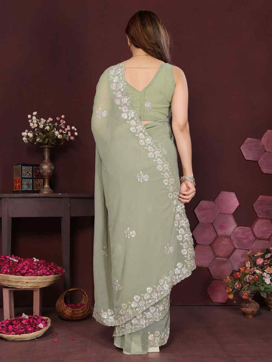 Pista Georgette Embroidery Bridal Festival Wedding Traditional Fancy Heavy Border Sarees