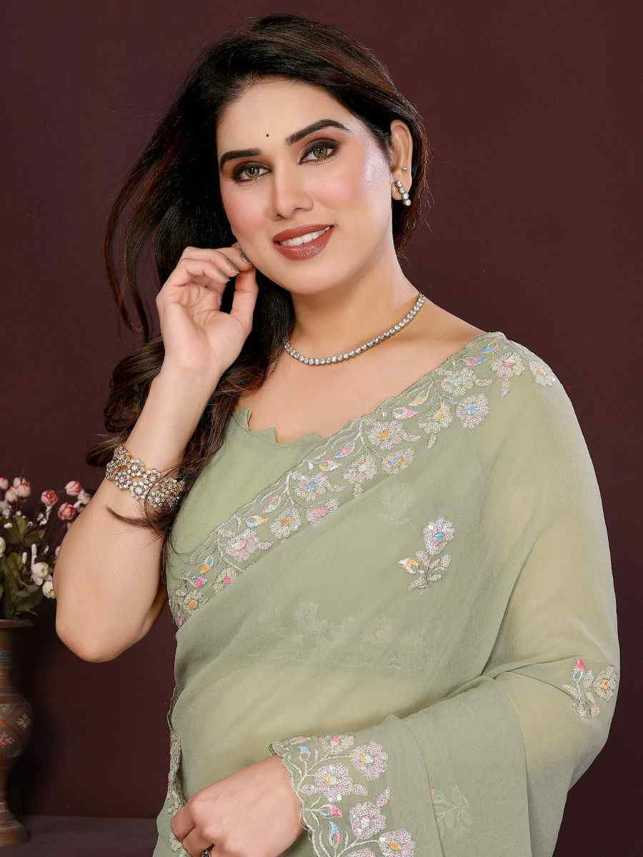 Pista Georgette Embroidery Bridal Festival Wedding Traditional Fancy Heavy Border Sarees