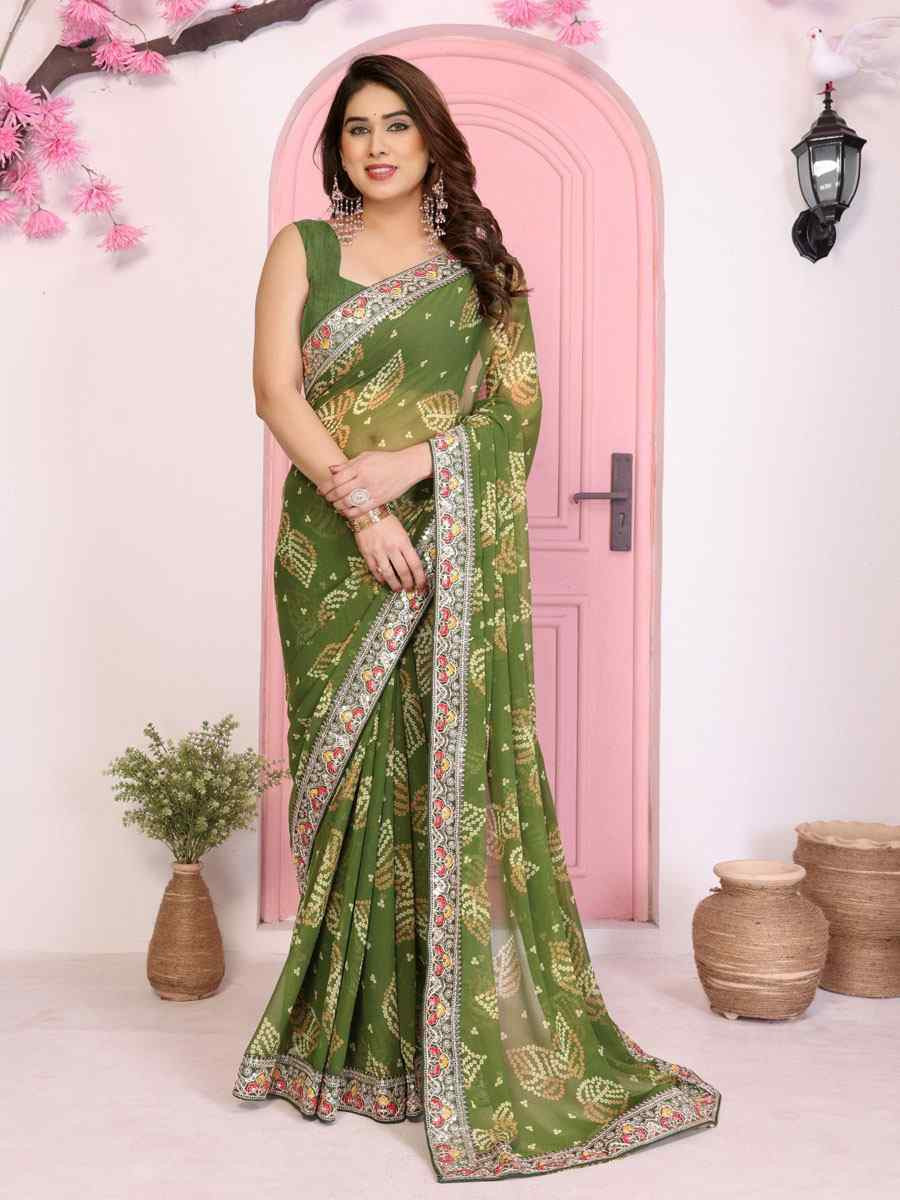 Pista Georgette Embroidery Printed Traditional Bridal Reception Festival Wedding Fancy Heavy Border Saree