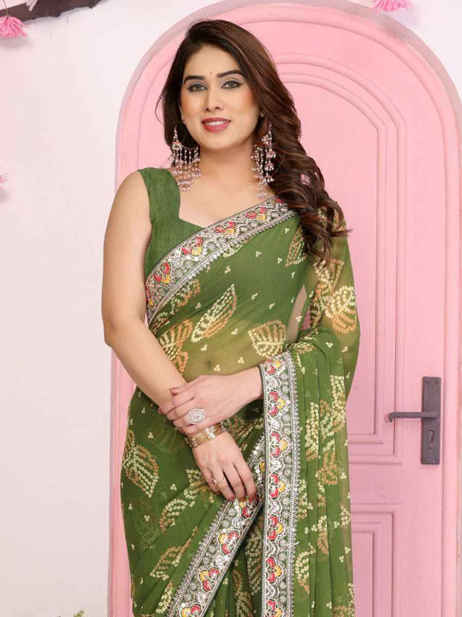 Pista Georgette Embroidery Printed Traditional Bridal Reception Festival Wedding Fancy Heavy Border Saree