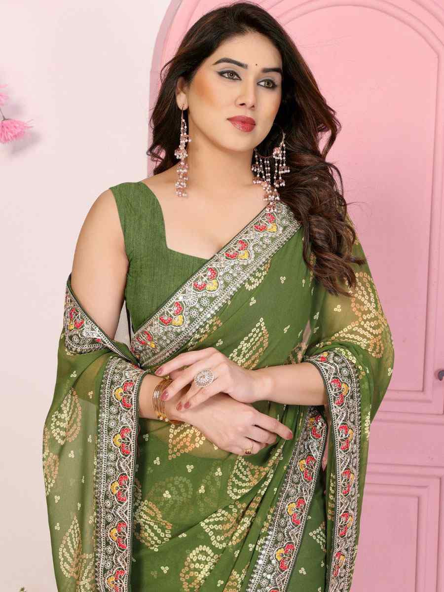 Pista Georgette Embroidery Printed Traditional Bridal Reception Festival Wedding Fancy Heavy Border Saree