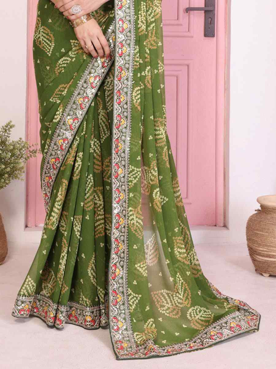 Pista Georgette Embroidery Printed Traditional Bridal Reception Festival Wedding Fancy Heavy Border Saree