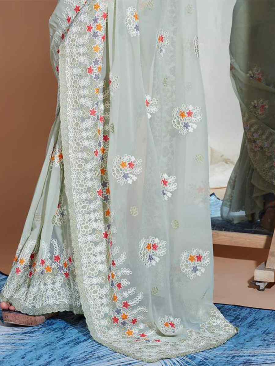 Pista Georgette Embroidery Wedding Reception Heavy Border Saree