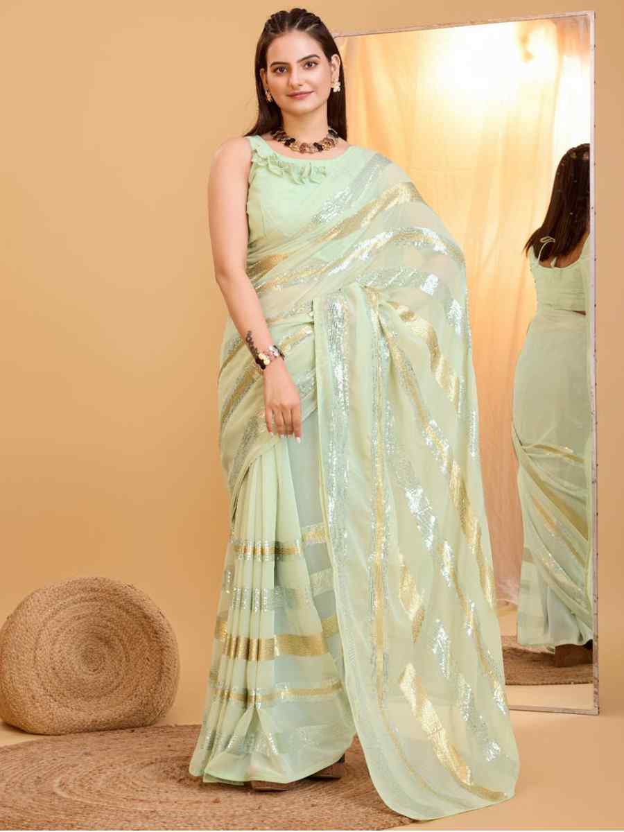 Pista Georgette Handwoven Casual Festival Classic Style Saree