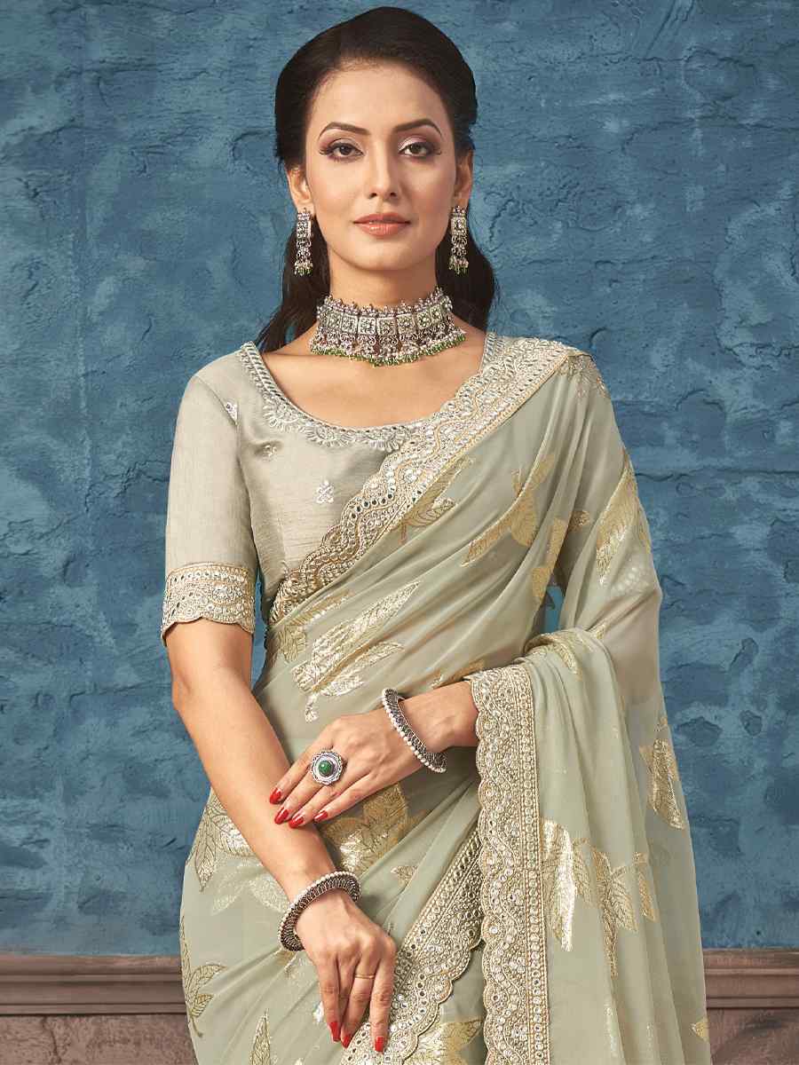 Pista Georgette Handwoven Party Festival Classic Style Saree