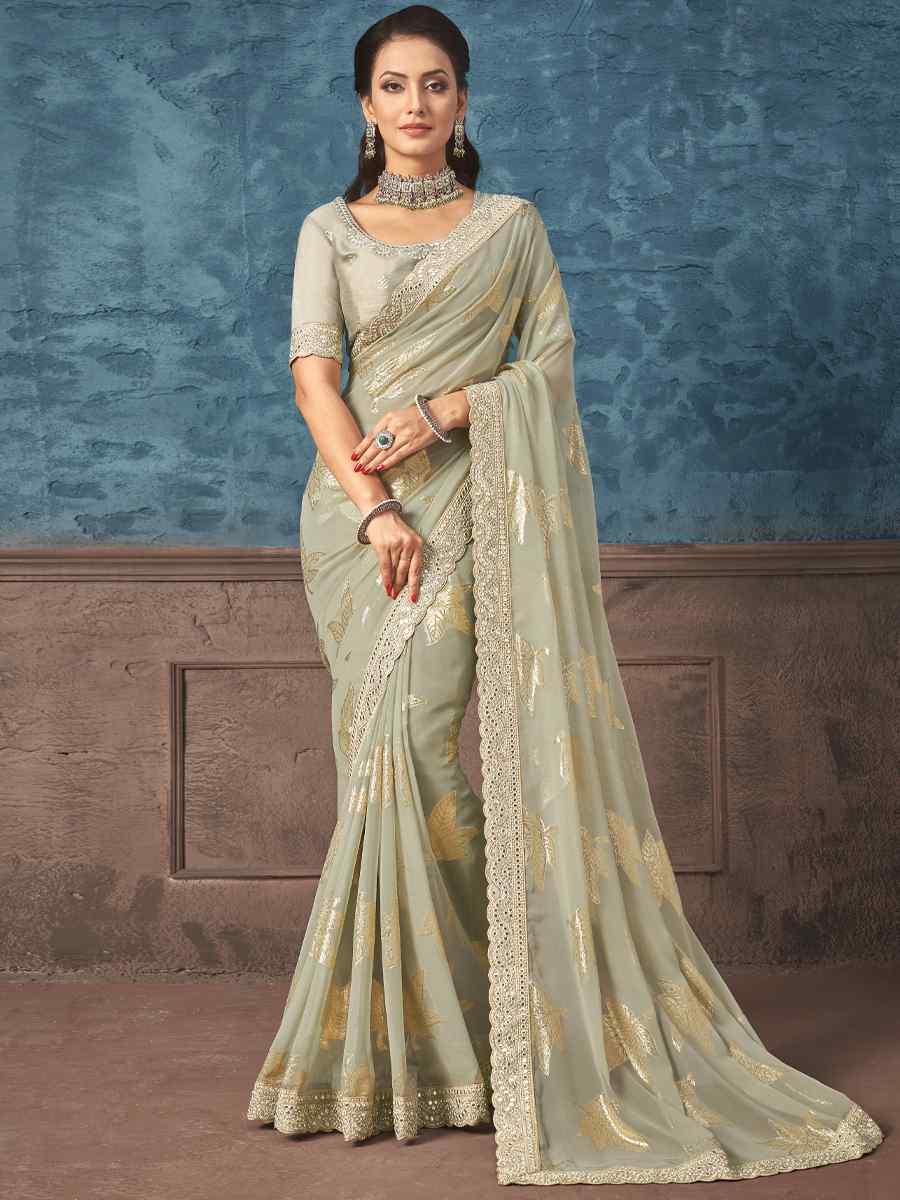 Pista Georgette Handwoven Party Festival Classic Style Saree