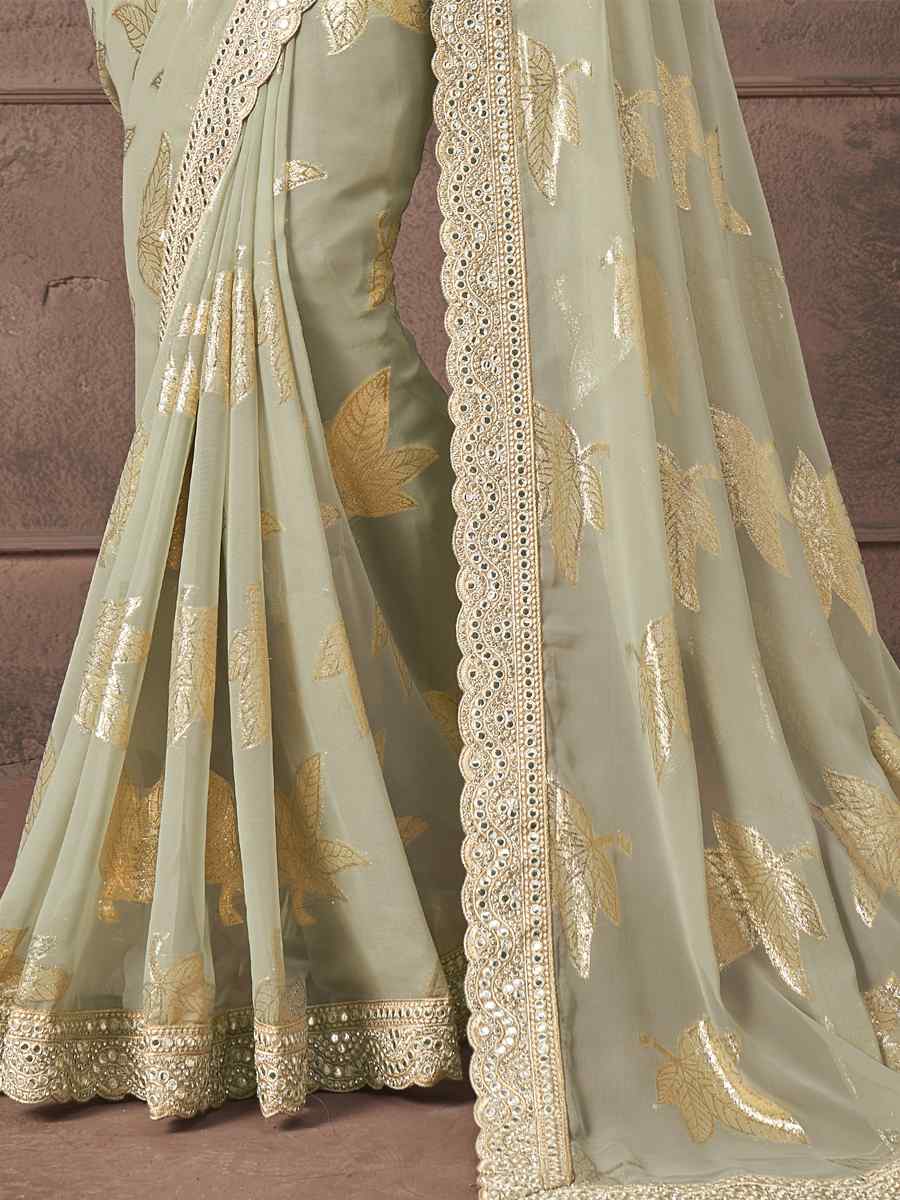 Pista Georgette Handwoven Party Festival Classic Style Saree