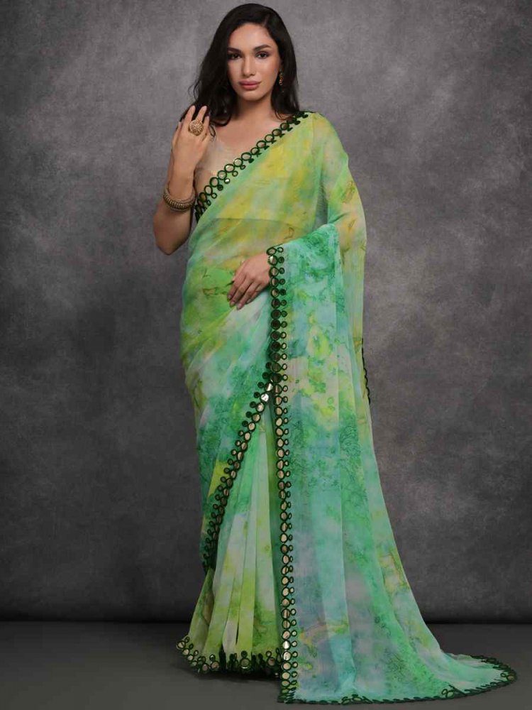 Pista Georgette Printed Party Casual Classic Style Saree