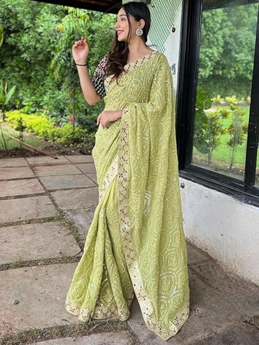 Pista Georgette Sequins Party Festival Classic Style Saree