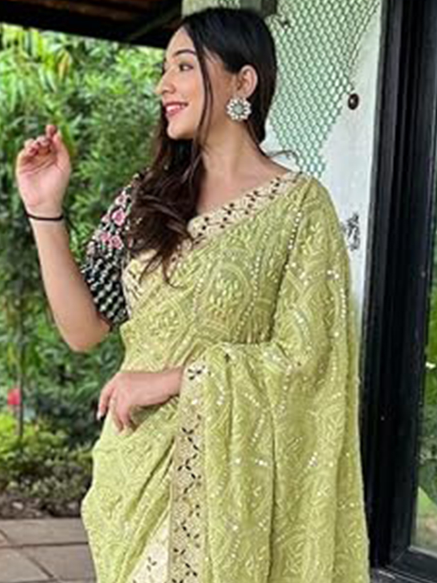 Pista Georgette Sequins Party Festival Classic Style Saree