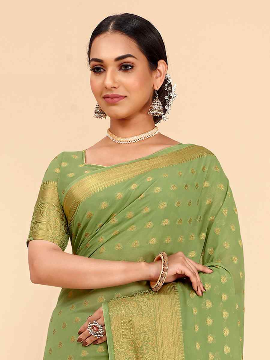 Pista Georgette Silk Handwoven Wedding Festival Heavy Border Saree