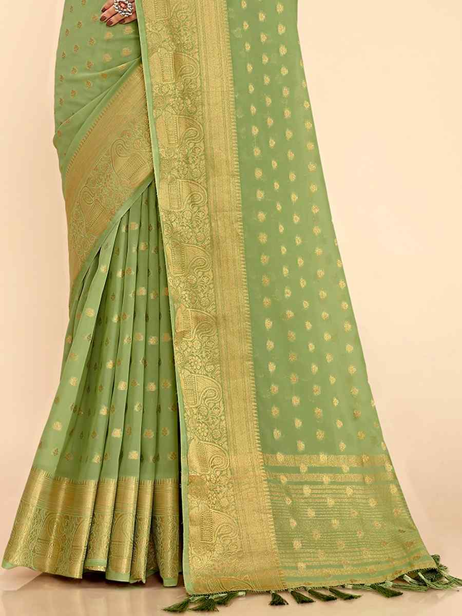 Pista Georgette Silk Handwoven Wedding Festival Heavy Border Saree