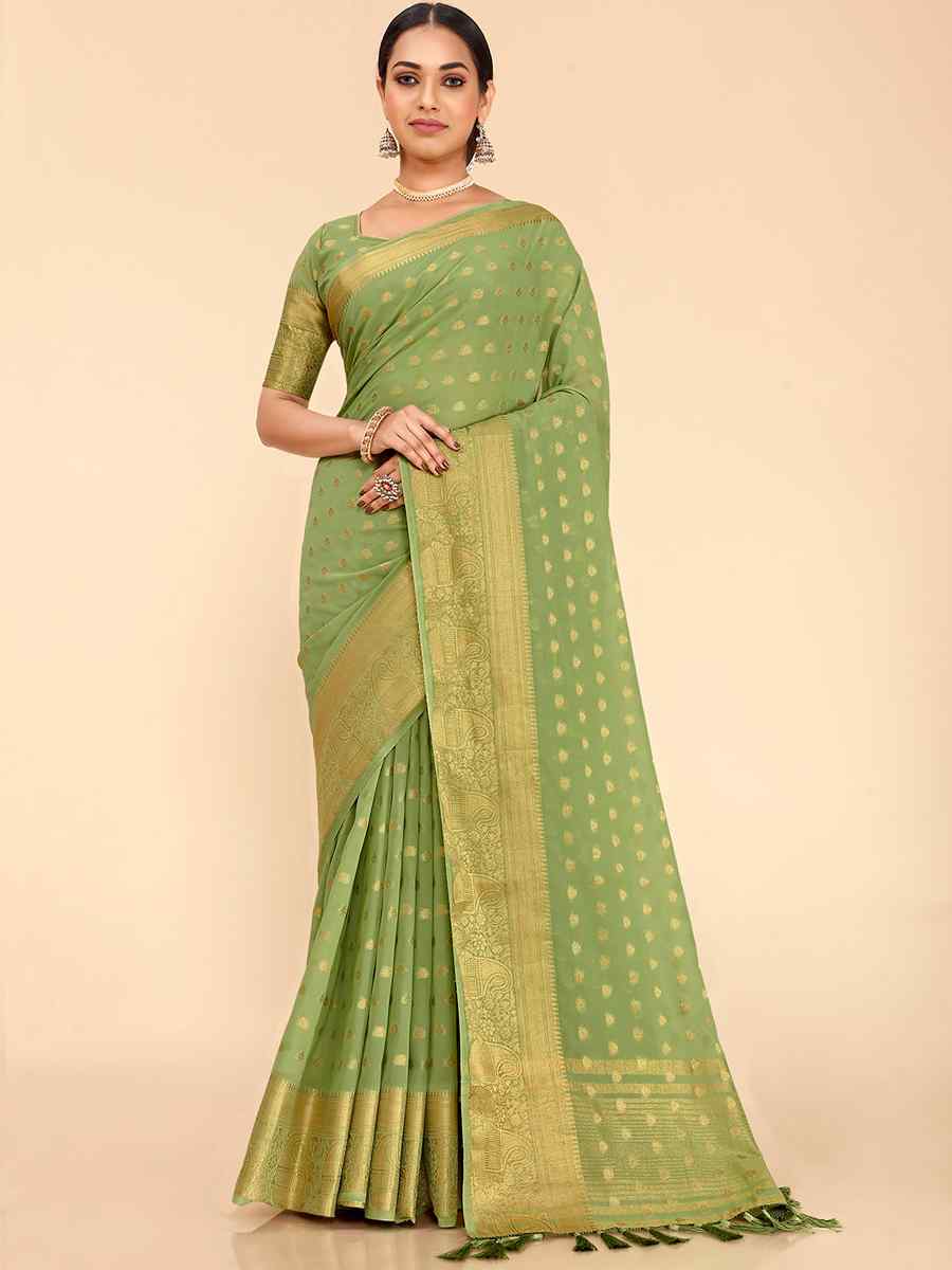 Pista Georgette Silk Handwoven Wedding Festival Heavy Border Saree