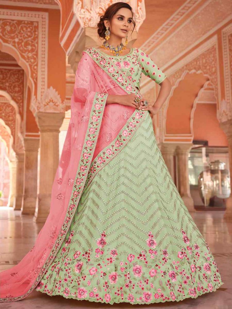 Pista Georgette Zari Bridal Reception Heavy Border Lehenga Choli