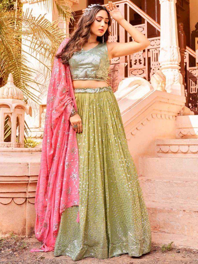 Pista Georgettte Sequins Party Wear Cocktail Circular Lehenga Choli