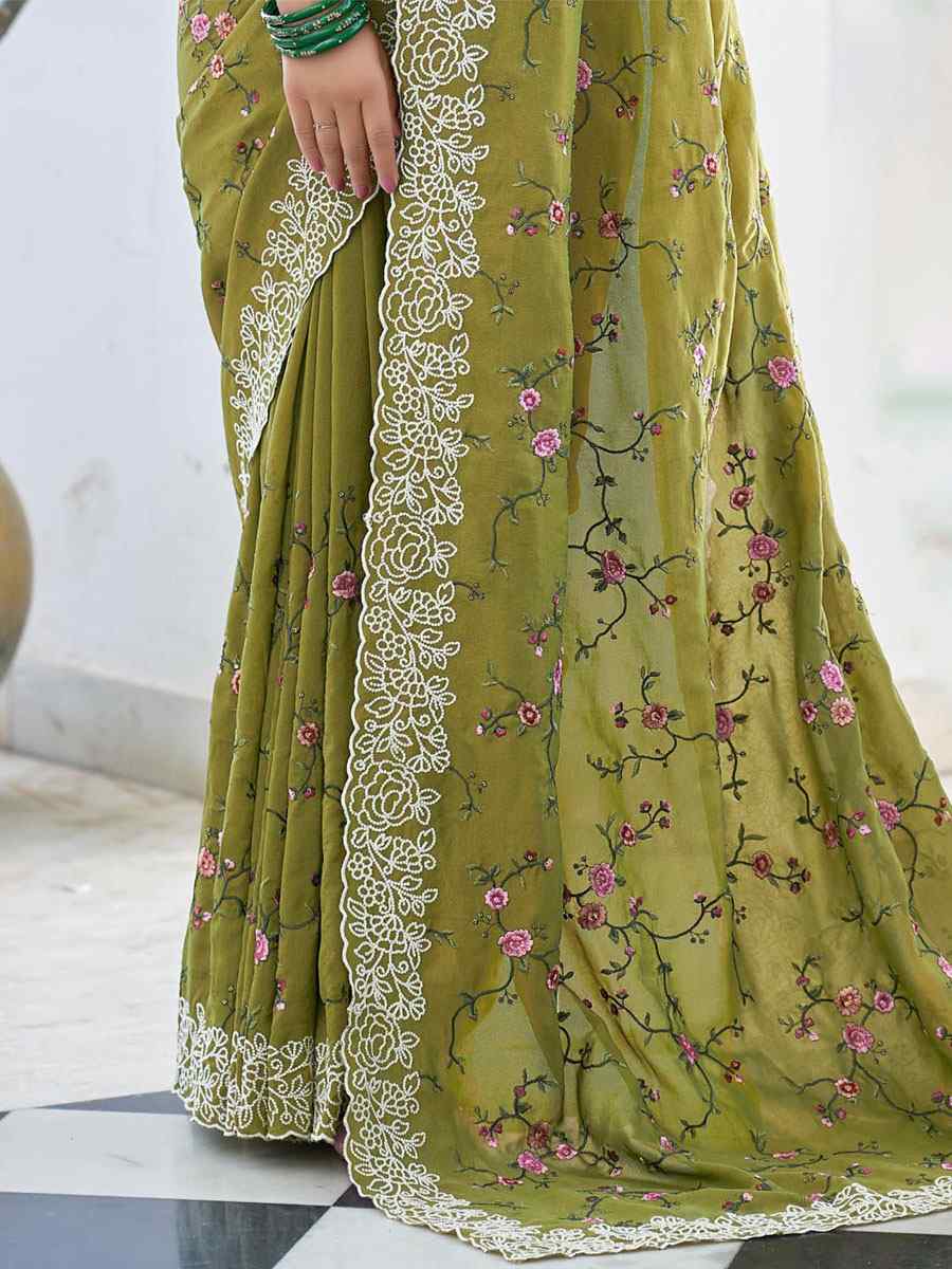 Pista GhadWal Silk Embroidered Party Festival Heavy Border Saree