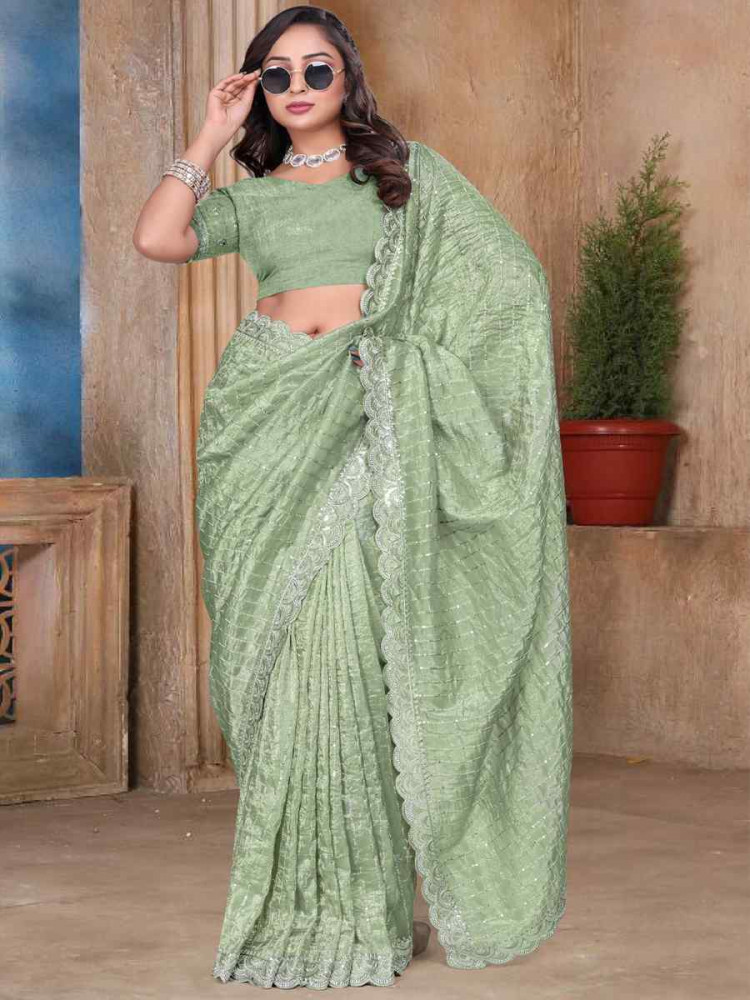 Pista Gold Cruch Silk Embroidered Festival Wedding Fancy Heavy Border Saree