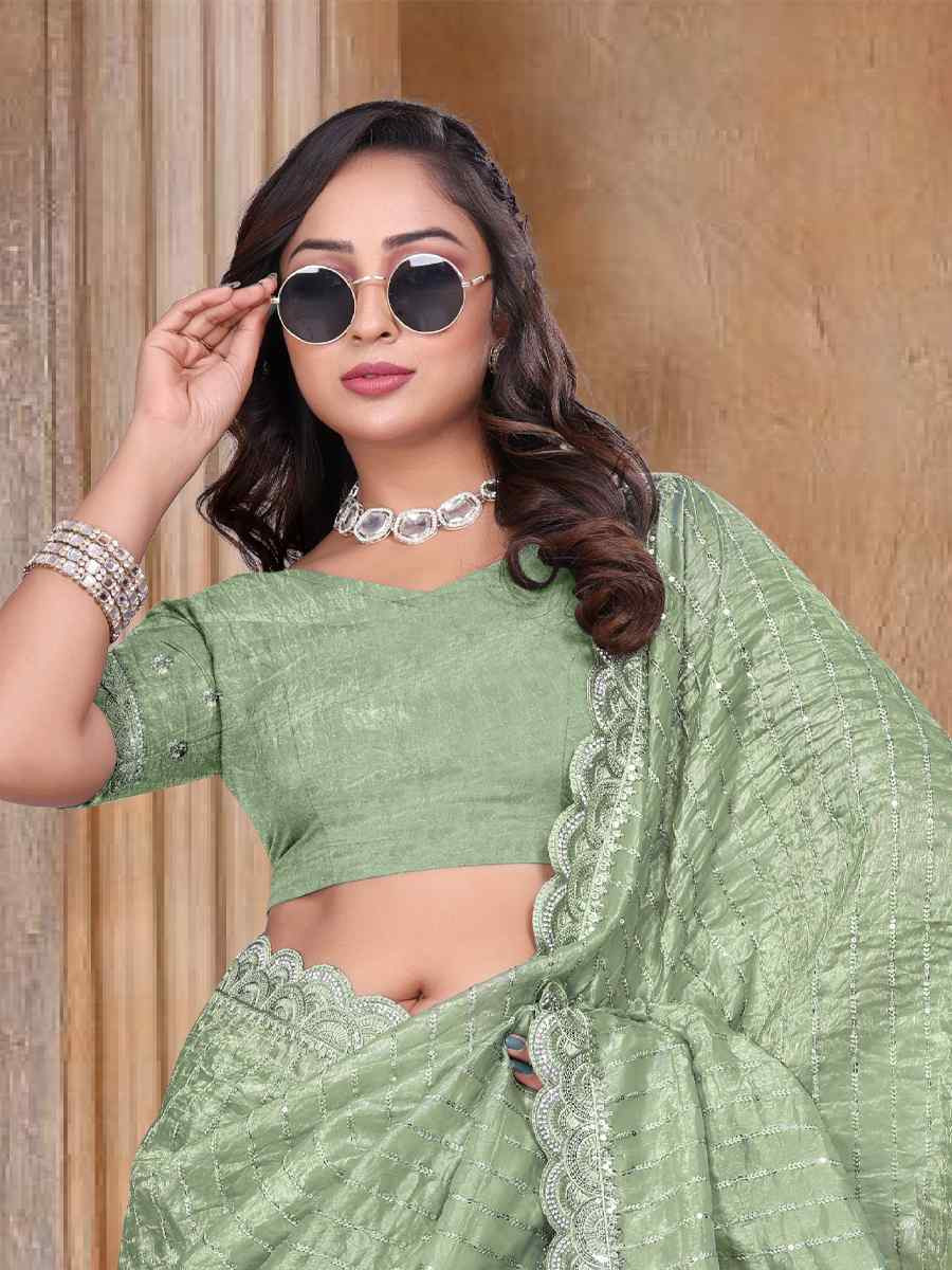 Pista Gold Cruch Silk Embroidered Festival Wedding Fancy Heavy Border Saree