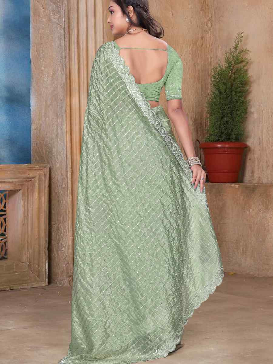 Pista Gold Cruch Silk Embroidered Festival Wedding Fancy Heavy Border Saree