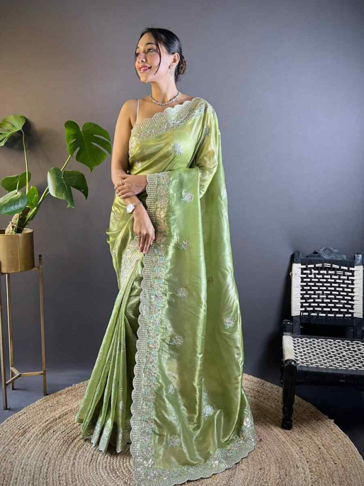 Pista Gold Crunchy Embroidered Festival Wedding Fancy Heavy Border Saree