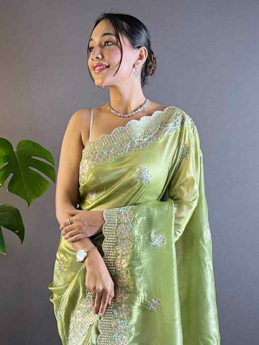 Pista Gold Crunchy Embroidered Festival Wedding Fancy Heavy Border Saree