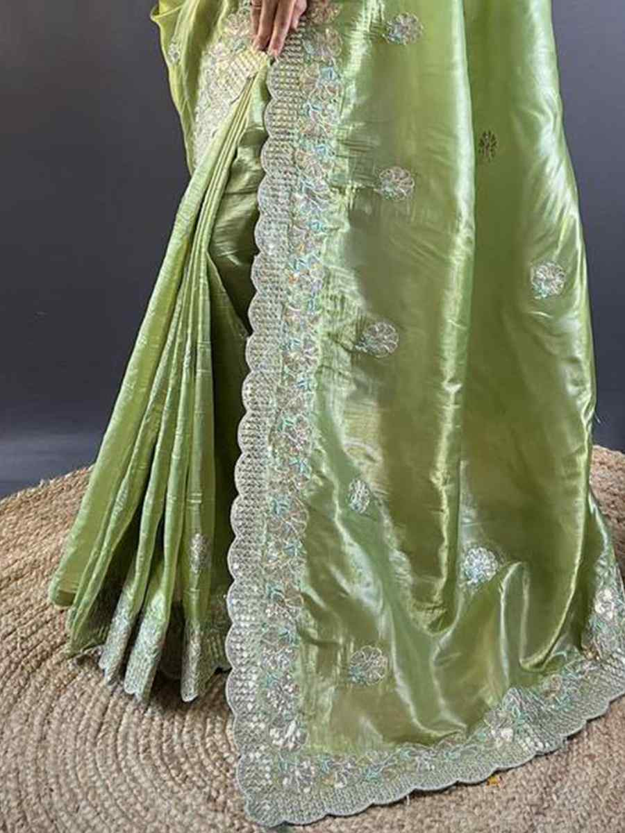 Pista Gold Crunchy Embroidered Festival Wedding Fancy Heavy Border Saree
