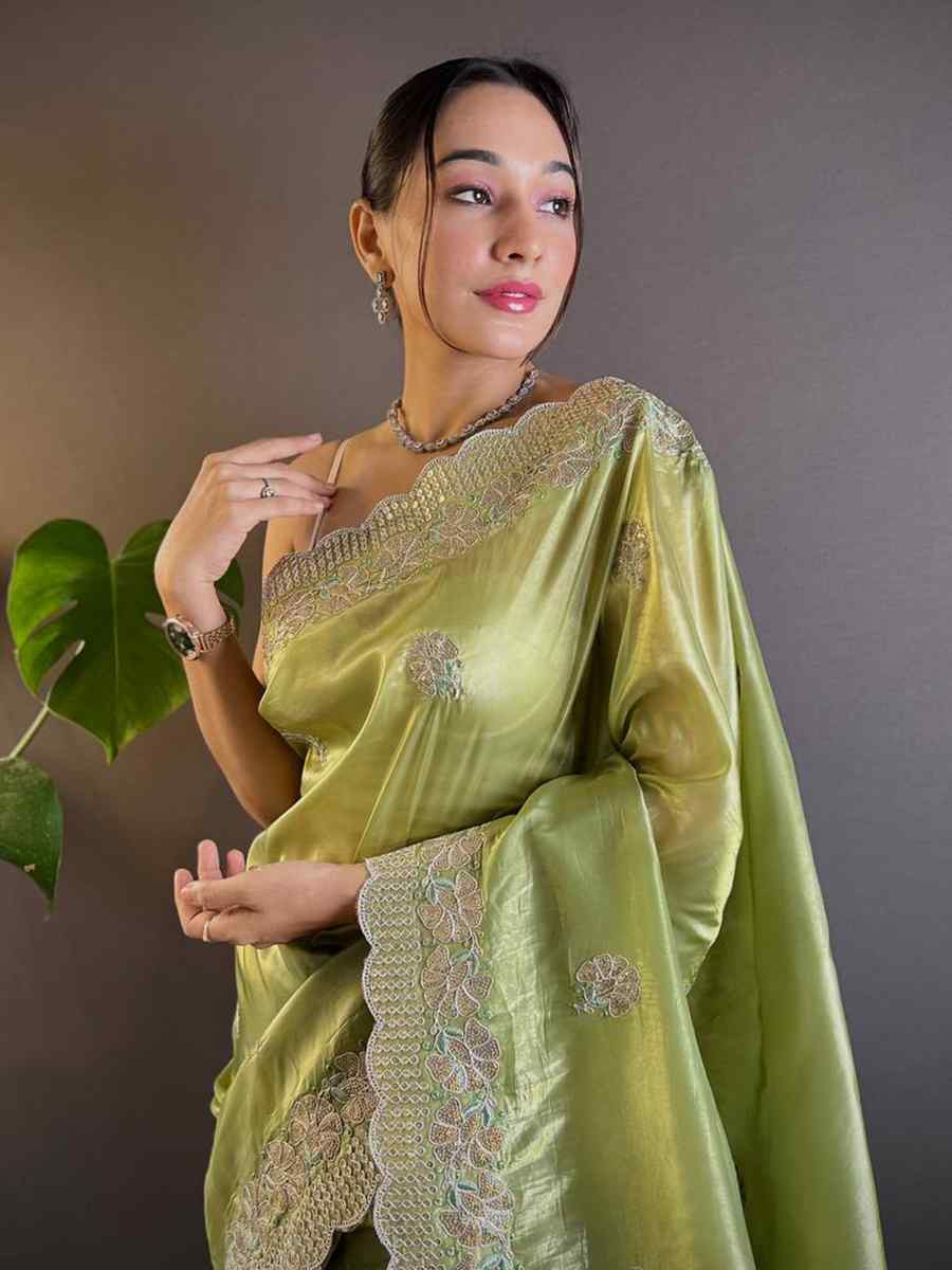 Pista Gold Crunchy Embroidered Festival Wedding Fancy Heavy Border Saree