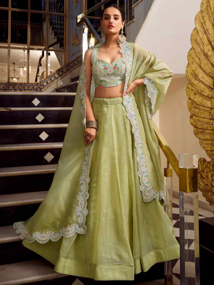Pista Gold Crush Embroidered Reception Wedding Lehenga Choli