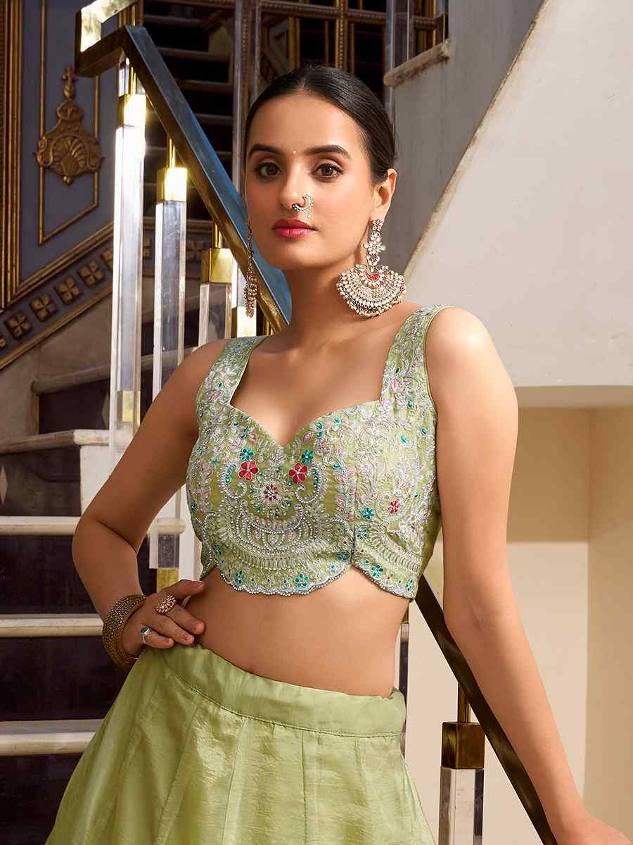 Pista Gold Crush Embroidered Reception Wedding Lehenga Choli