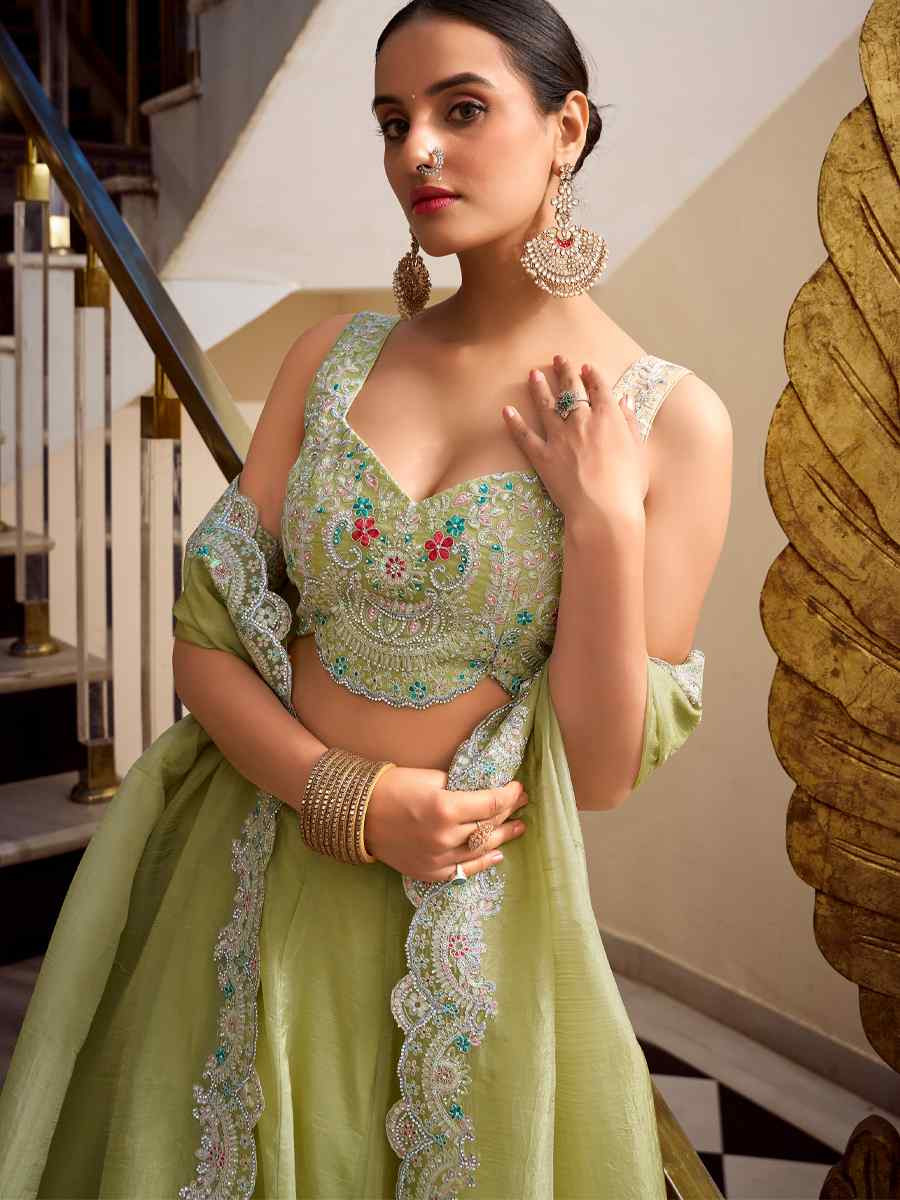 Pista Gold Crush Embroidered Reception Wedding Lehenga Choli