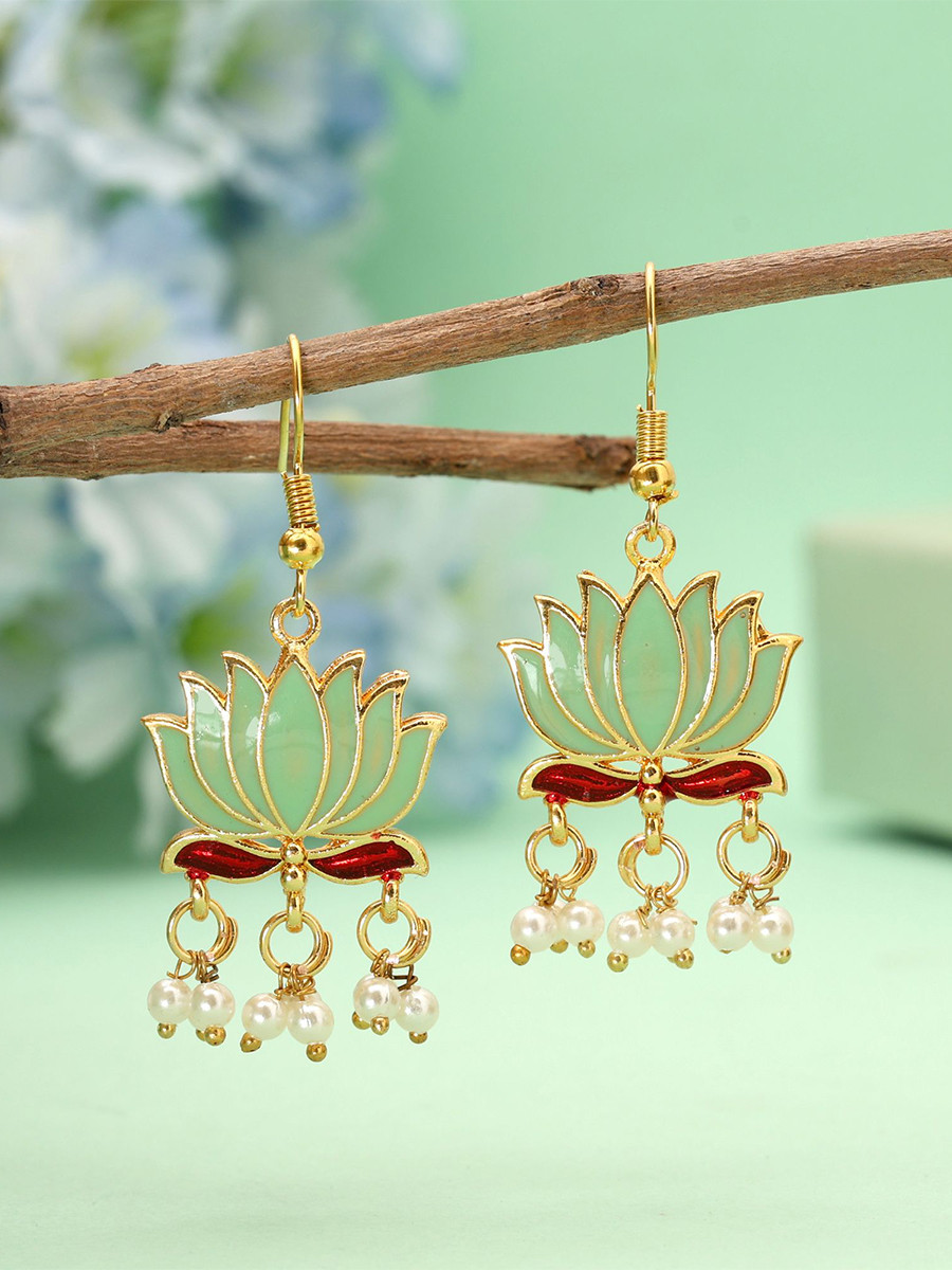 Pista Green Alloy Meenakari Pearls Festival Party Wedding Lotus Earrings