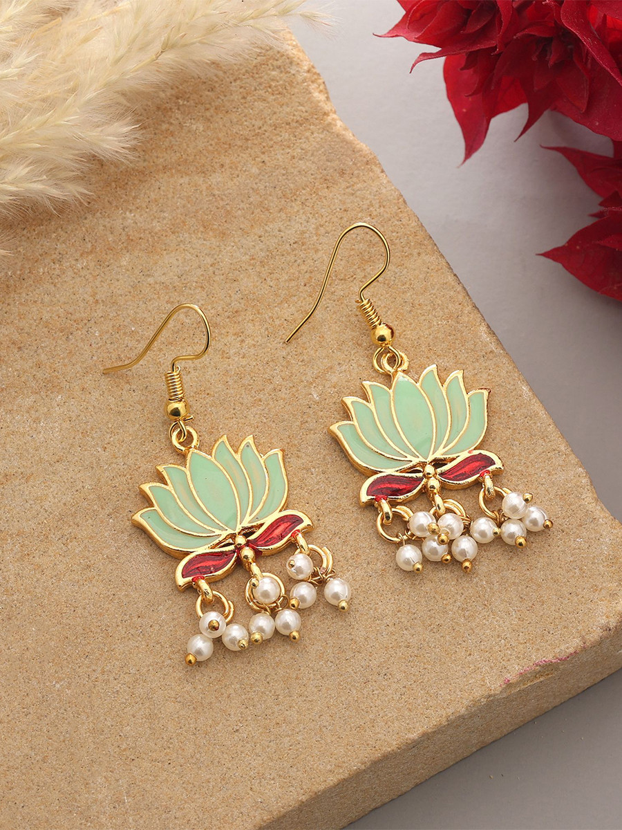 Pista Green Alloy Meenakari Pearls Festival Party Wedding Lotus Earrings