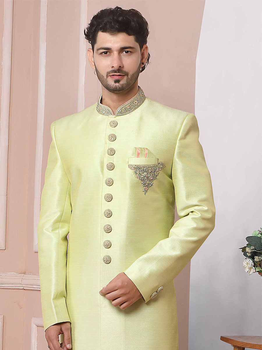 Pista Green Art Banarasi Silk Embroidered Groom Wedding Sherwani