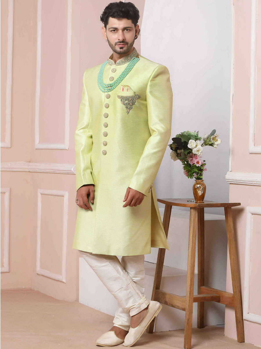 Pista Green Art Banarasi Silk Embroidered Groom Wedding Sherwani
