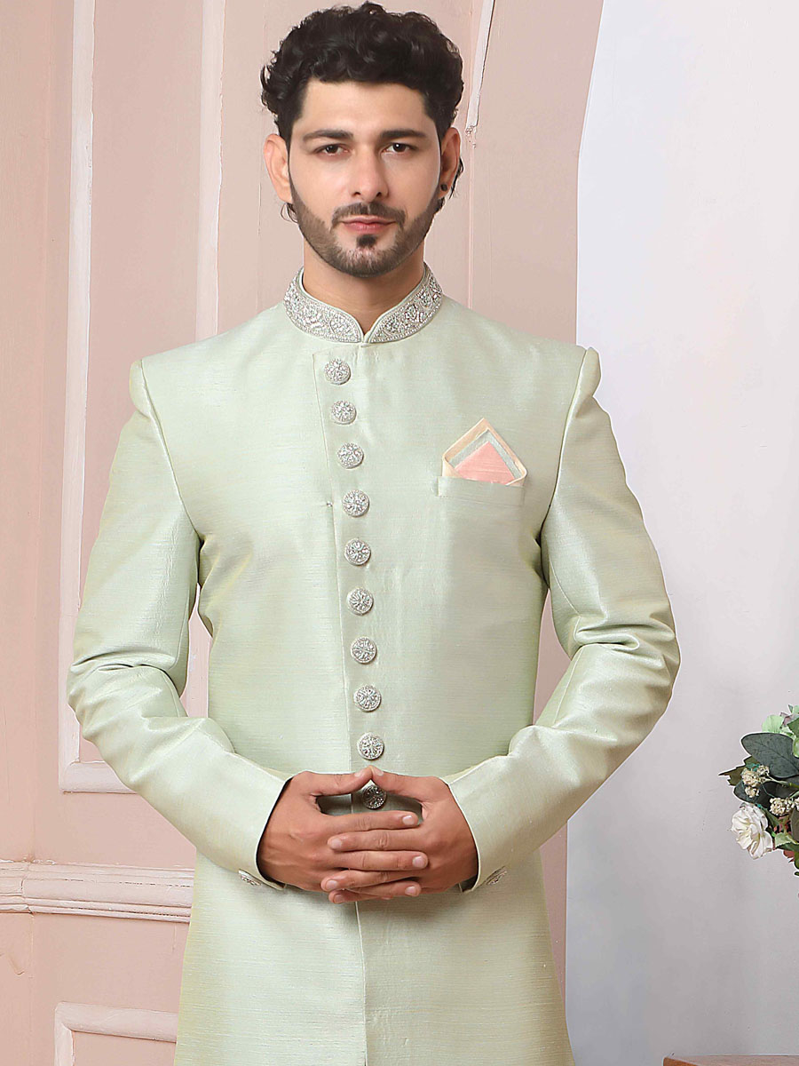 Pista Green Art Banarasi Silk Embroidered Groom Wedding Sherwani