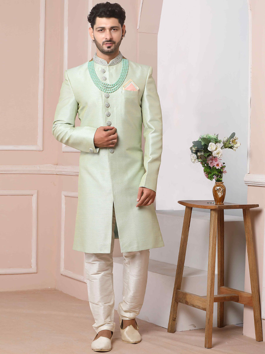 Pista Green Art Banarasi Silk Embroidered Groom Wedding Sherwani
