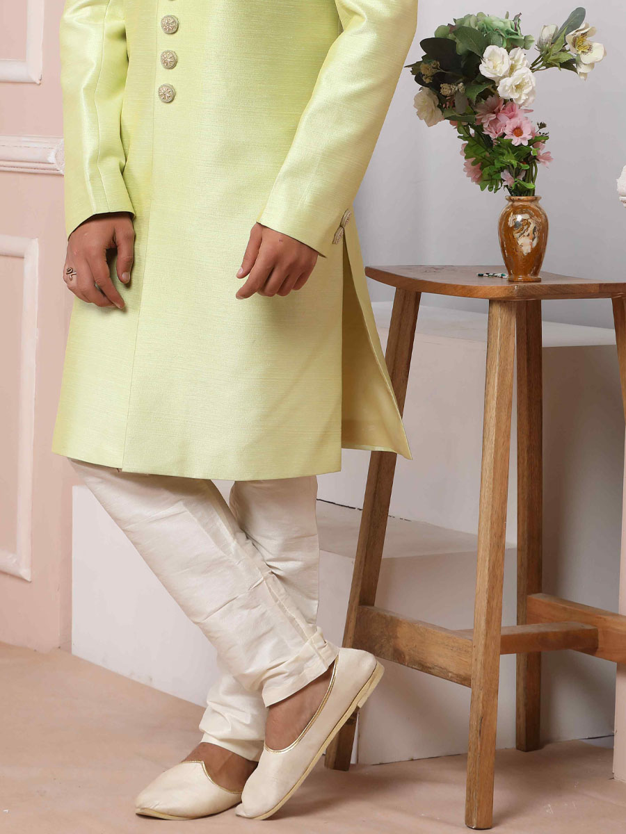 Pista Green Art Banarasi Silk Embroidered Groom Wedding Sherwani