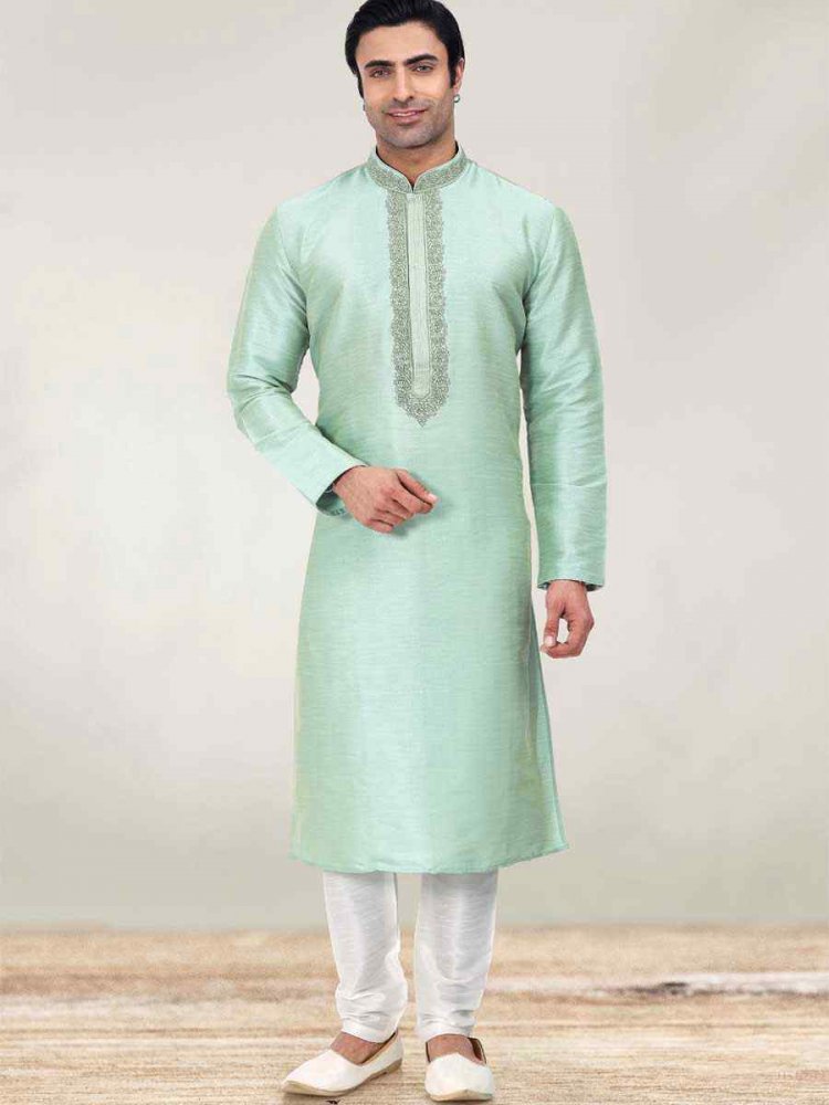 Pista Green Art Banarasi Silk Woven Festival Mehendi Kurta