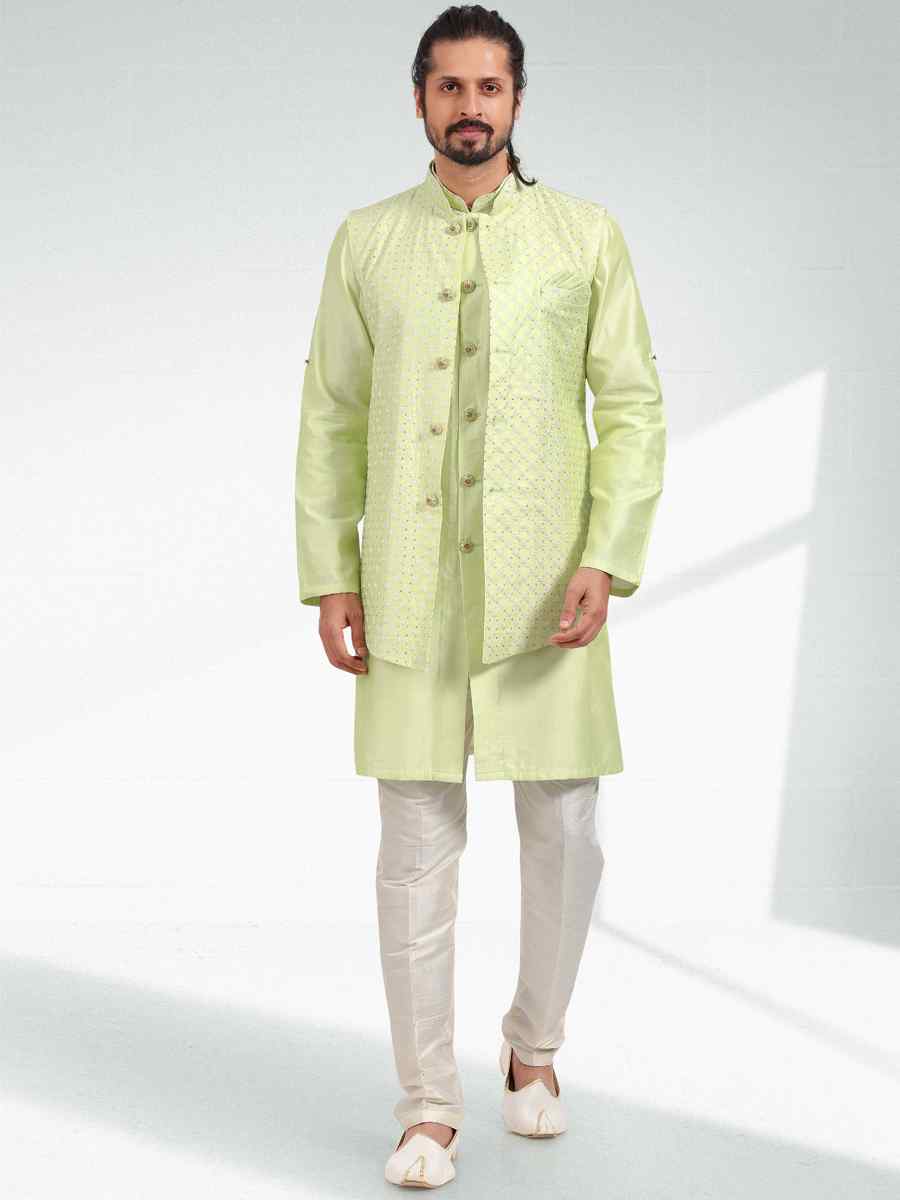 Pista Green Art Banarasi Silk Woven Festival Party Kurta