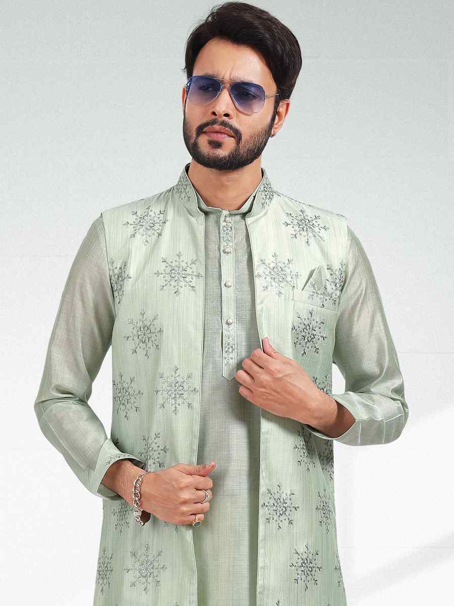 Pista Green Art Banarasi Silk Woven Festival Party Kurta