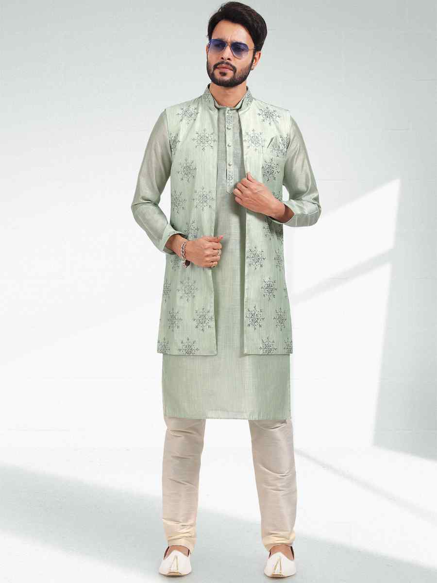 Pista Green Art Banarasi Silk Woven Festival Party Kurta