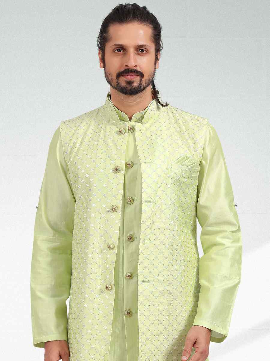 Pista Green Art Banarasi Silk Woven Festival Party Kurta